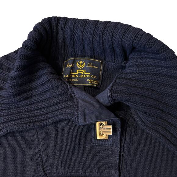 LRL Lauren Jeans Co Blue Label Shawl Sweater Size XL Gold Clasp Rib Detail - Picture 5 of 6